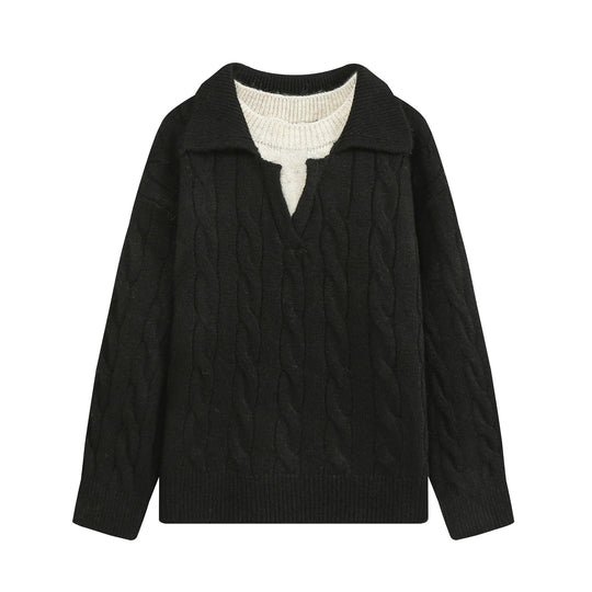 Damen Grobgestrickter Zopfmuster-Pullover mit offenem Polokragen und V‑Ausschnitt Nord Taschen