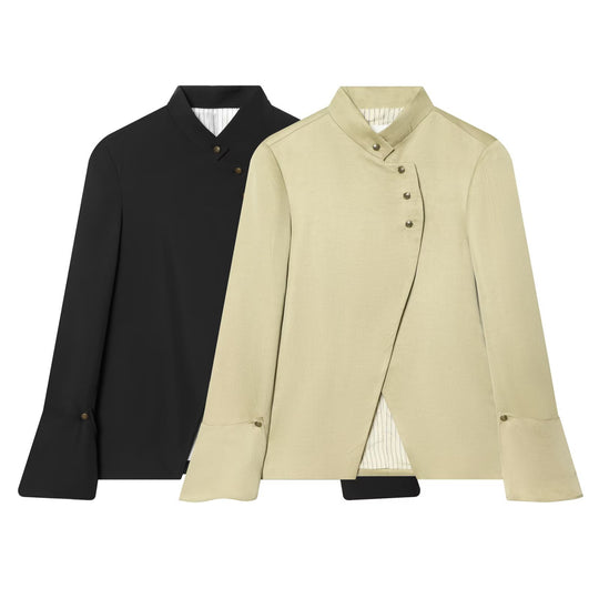 Damen Asymmetrischer Kurzblazer mit Stehkragen und Zierknopfleiste Nord Taschen