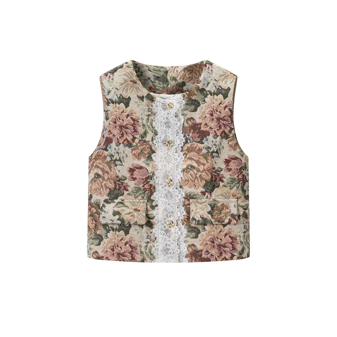 Damen Elegante Brokatweste mit floraler Jacquardstruktur, Zierknöpfen und Spitzenblende Nord Taschen