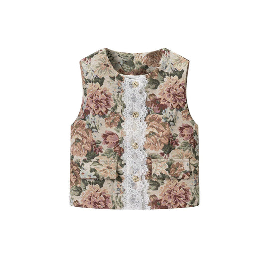 Damen Elegante Brokatweste mit floraler Jacquardstruktur, Zierknöpfen und Spitzenblende Nord Taschen