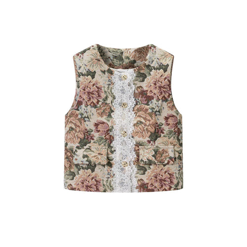 Damen Elegante Brokatweste mit floraler Jacquardstruktur, Zierknöpfen und Spitzenblende Nord Taschen