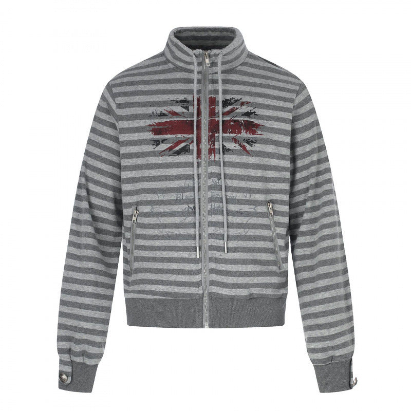 Unisex Gestreifter Zip-Hoodie mit Troyerkragen, Brust-Print und Reißverschlusstaschen Nord Taschen