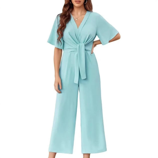 Damen eleganter Wickel-Jumpsuit mit weiten Beinen und Taillengürtel