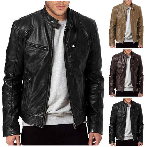 Herren vintage-inspirierte Lederjacke im Bikerstil mit Stehkragen und sichtbaren Reißverschlüssen Nord Taschen
