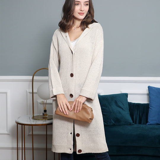 Damen Kapuzen-Longcardigan aus mitteldickem Rippstrick mit durchgehender Knopfleiste und lockerem Oversize-Schnitt Nord Taschen