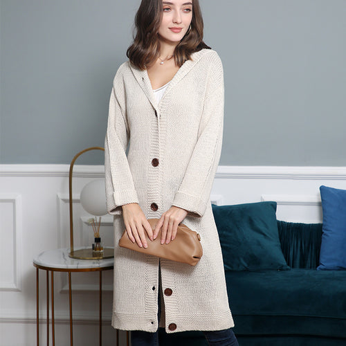 Damen Kapuzen-Longcardigan aus mitteldickem Rippstrick mit durchgehender Knopfleiste und lockerem Oversize-Schnitt Nord Taschen