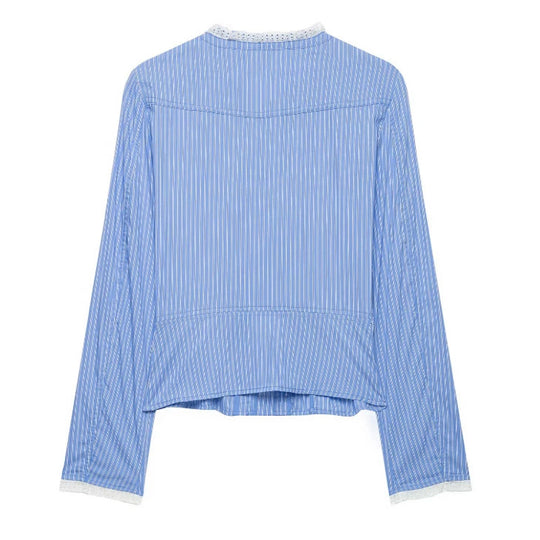 Damen Cropped gestreifte Blusenjacke mit Spitzeneinfassung und Doppelknopfleiste Nord Taschen