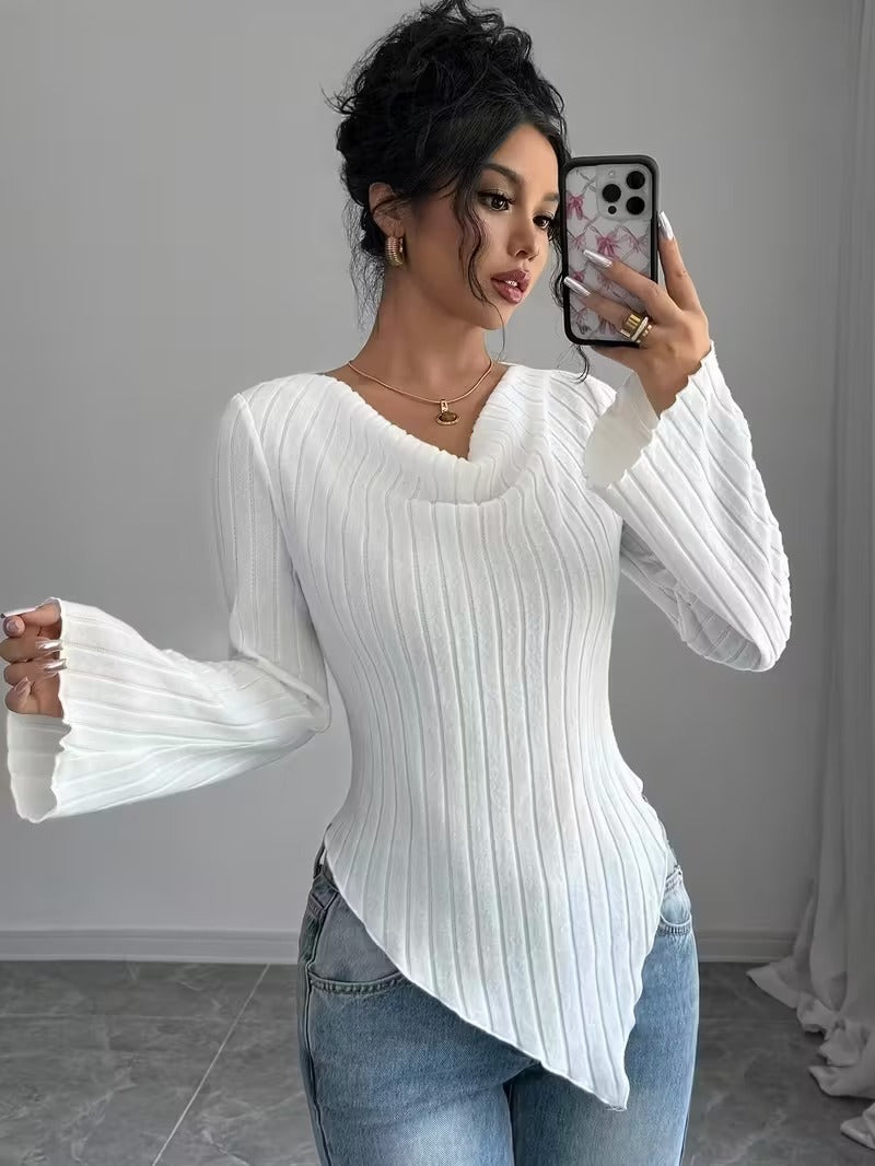 Damen Asymmetrischer Gerippter Feinstrickpullover mit V-Ausschnitt Nord Taschen