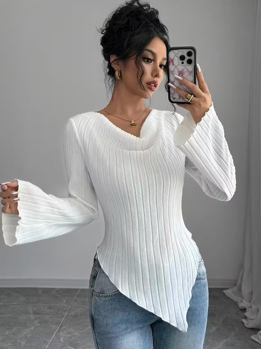Damen Asymmetrischer Gerippter Feinstrickpullover mit V-Ausschnitt Nord Taschen
