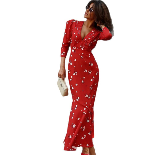 Damen Vintage-inspiriertes Maxikleid mit Puffärmeln, taillierter Silhouette und plissiertem Dekolleté Nord Taschen