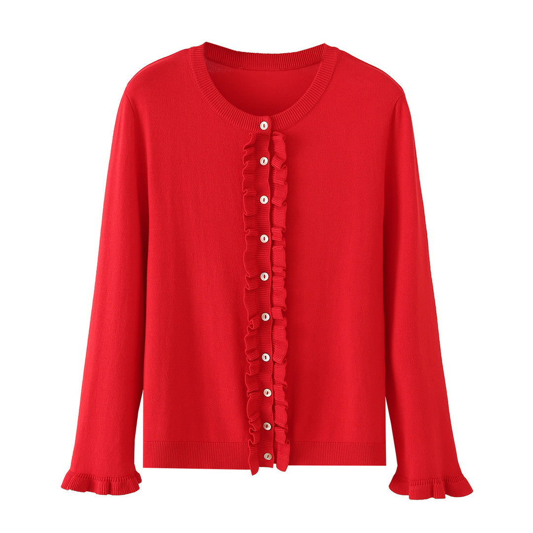 Damen Feinstrick-Cardigan mit Rüschenfront und Volantärmeln Nord Taschen
