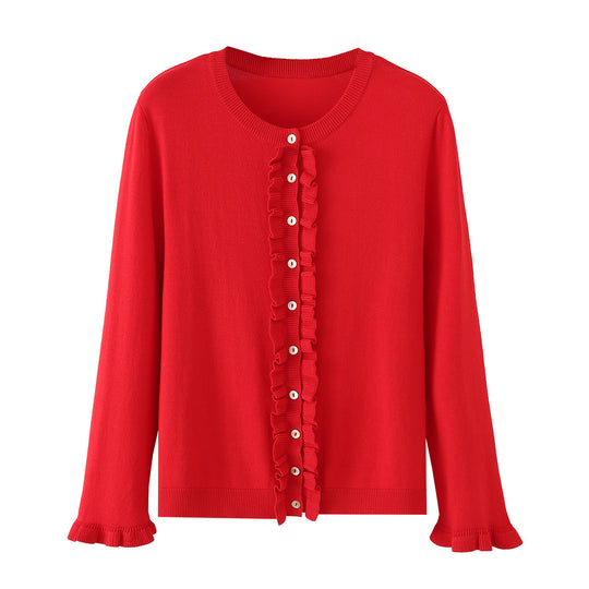 Damen Feinstrick-Cardigan mit Rüschenfront und Volantärmeln Nord Taschen