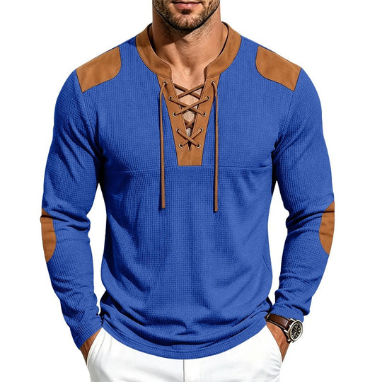 Herren Waffelstrick-Langarmshirt mit Schnürkragen und Kunstleder-Patches Nord Taschen
