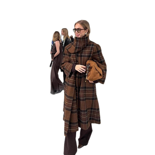 Damen Langmantel im Karo-Look aus Wollmix mit überlangem Stehkragen und Glockenärmeln Nord Taschen