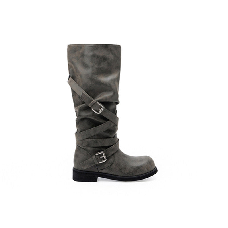 Damen Kniehohe Biker-Stiefel in Leder-Optik mit verstellbaren Schnallen Nord Taschen