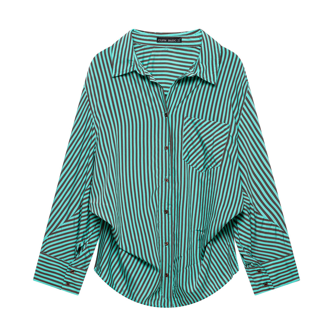 Damen Gestreifte Oversize-Hemdbluse mit Brusttasche und weiten Manschetten Nord Taschen