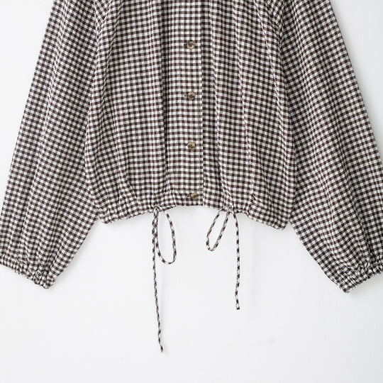 Damen Karo-Bluse mit Stehkragen, Knopfleiste und Tunnelzug-Saum Nord Taschen