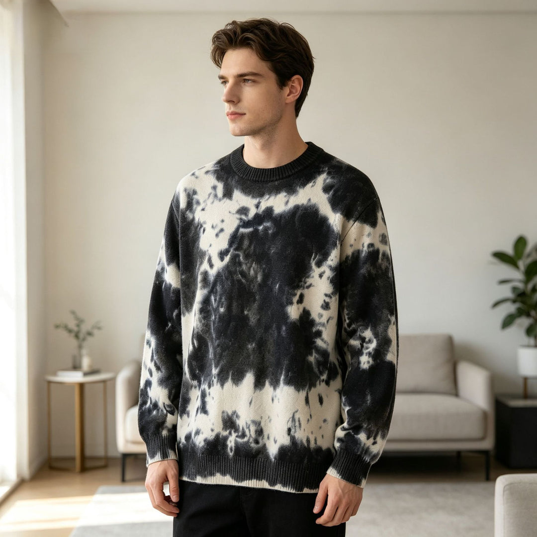 Herren Oversized Batik-Pullover mit Rundhalsausschnitt und Rippbündchen Nord Taschen