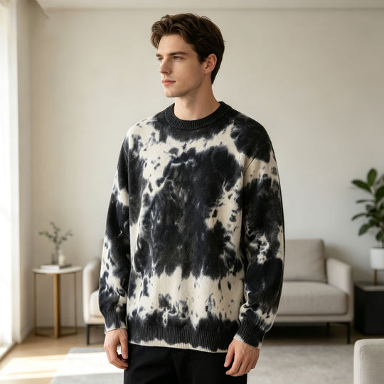 Herren Oversized Batik-Pullover mit Rundhalsausschnitt und Rippbündchen Nord Taschen
