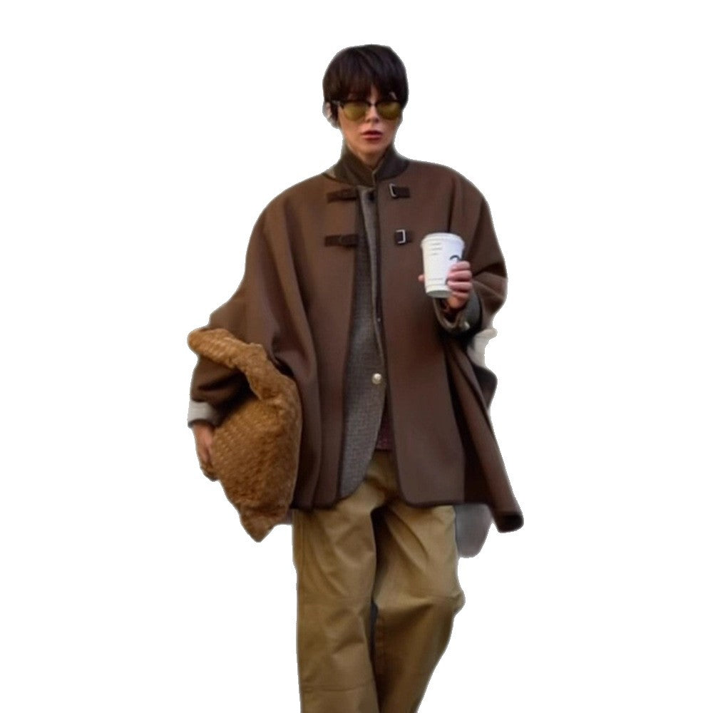 Damen Oversize Cape Mantel aus Wollmix mit hohem Stehkragen und Lederlaschen Nord Taschen