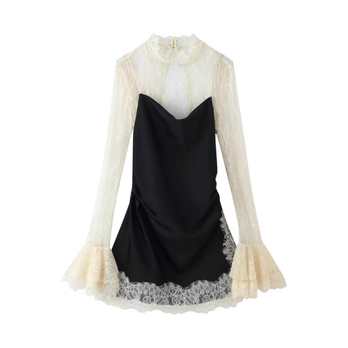 Damen Elegantes Slipkleid mit Spitzen-Overlay, Stehkragen und Volantärmeln Nord Taschen