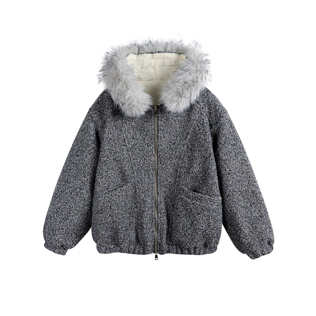Damen Bouclé-Blousonjacke mit voluminösem Faux-Fur-Kragen und Thermofutter Nord Taschen