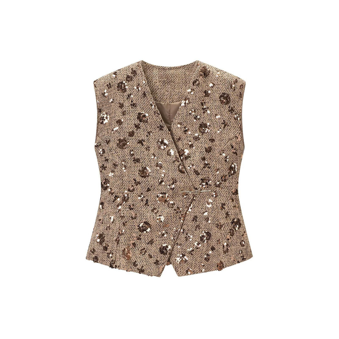 Damen Ärmellose Glitzer-Tweed-Weste mit Wickeloptik und Paillettenbesatz Nord Taschen