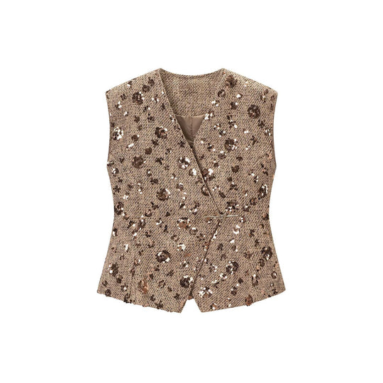 Damen Ärmellose Glitzer-Tweed-Weste mit Wickeloptik und Paillettenbesatz Nord Taschen
