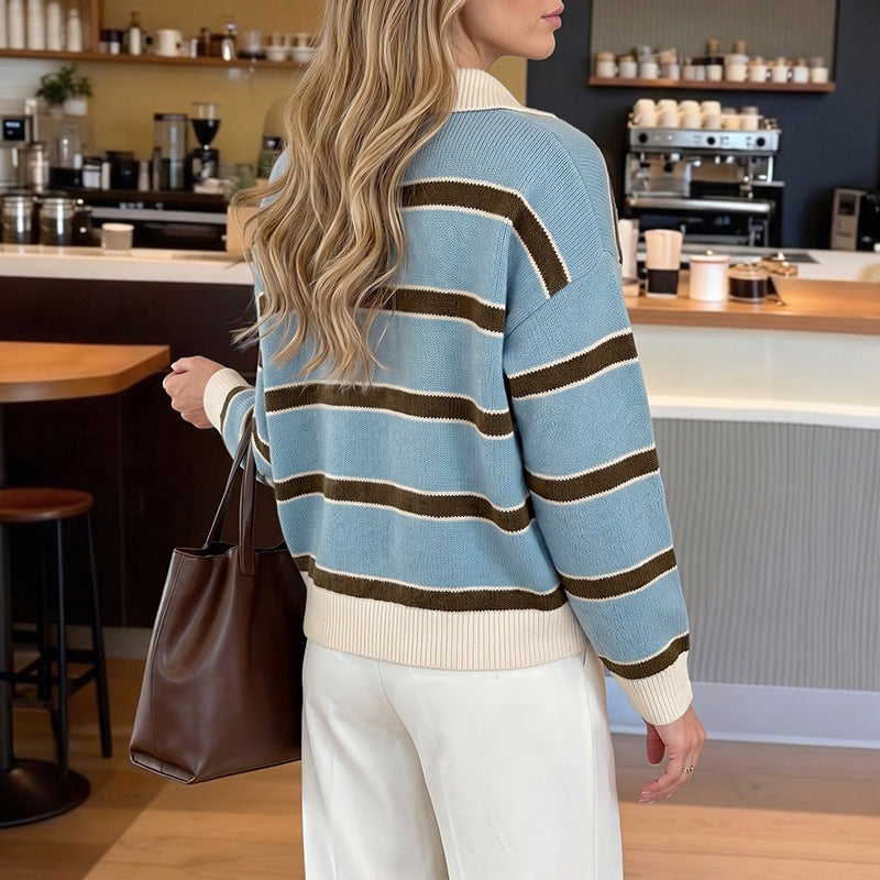 Damen Gestreifter Polo-Strickpullover mit Henley-Knopfleiste und überschnittener Schulter Nord Taschen