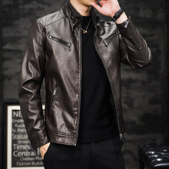 Herren Moderne Kunstlederjacke mit Stehkragen und Reißverschlusstaschen Nord Taschen