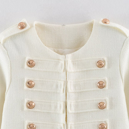 Damen Kurze Bouclé-Jacke im Militärstil mit Zierleisten und goldenen Knöpfen Nord Taschen
