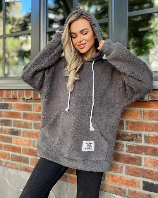 Damen Kuscheliger Teddy-Hoodie mit Kapuze, Kängurutasche und Oversize-Schnitt Nord Taschen