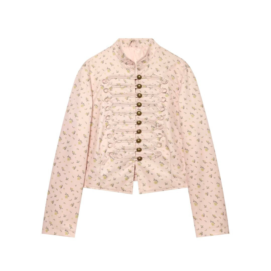 Damen Kurz geschnittene Satin-Militärjacke mit dekorativen Froschverschlüssen und Blumenprint Nord Taschen