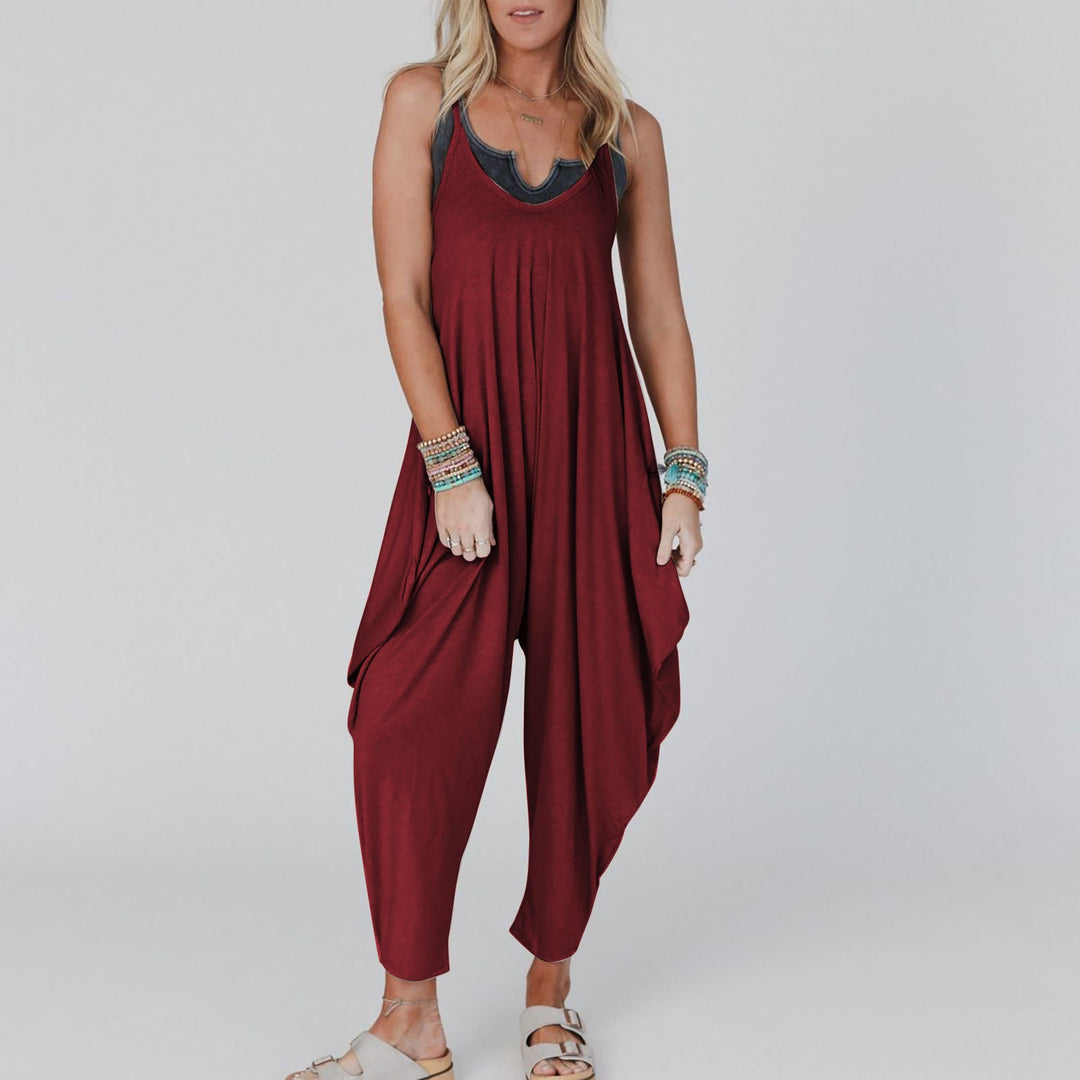 Damen bequemer Jumpsuit mit lässigem Schnitt und tiefem V-Ausschnitt Nord Taschen