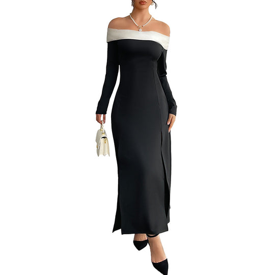 Damen Elegantes Off-Shoulder Maxikleid mit Rüschen und Hohem Schlitz Nord Taschen