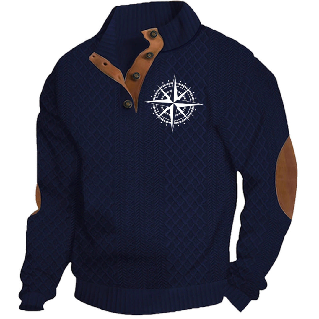 Herren nan Heritage-Strukturpullover mit Stehkragen Lederimitat-Besatz Ellenbogen-Patches und Halbknopfleiste