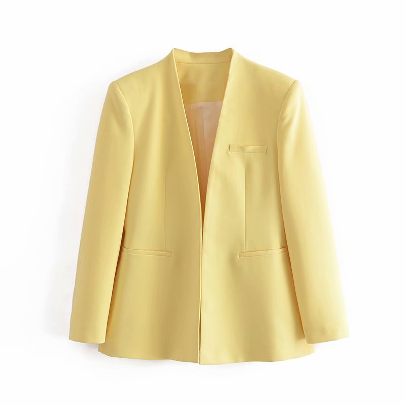 Damen Taillierter Blazer ohne Revers mit offener Front und Paspeltaschen Nord Taschen