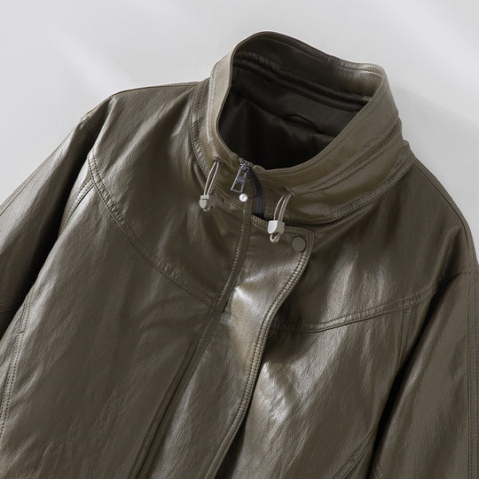 Damen Oversized Lederimitat-Bomberjacke mit Stehkragen und elastischem Saum Nord Taschen