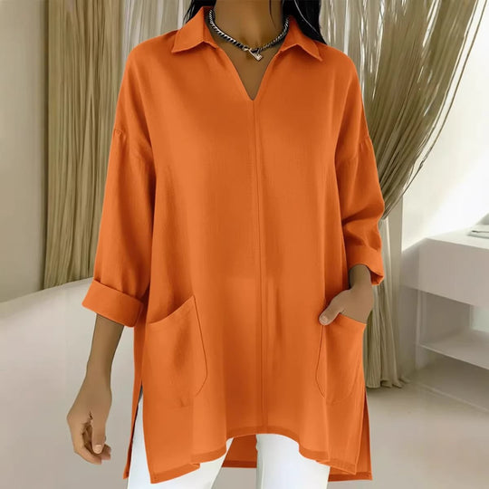 Damen Oversize-Tunika mit Hemdkragen, V-Ausschnitt und aufgesetzten Taschen Nord Taschen