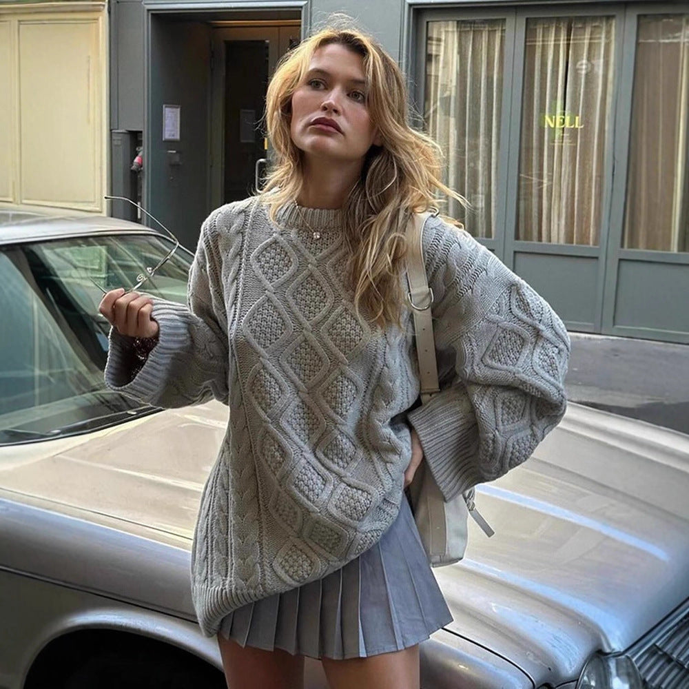 Damen Oversize Strickpullover mit Zopfmuster und Rippbündchen Nord Taschen