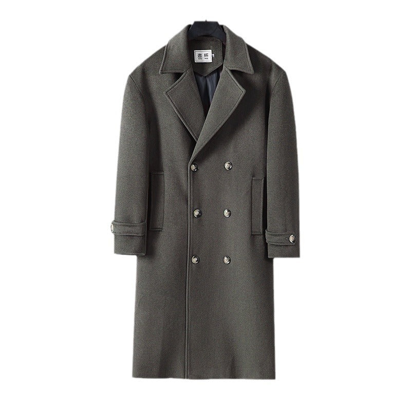 Herren Langer Doppelreihiger Wollmantel mit minimalistischer Silhouette und Schalkragen Nord Taschen