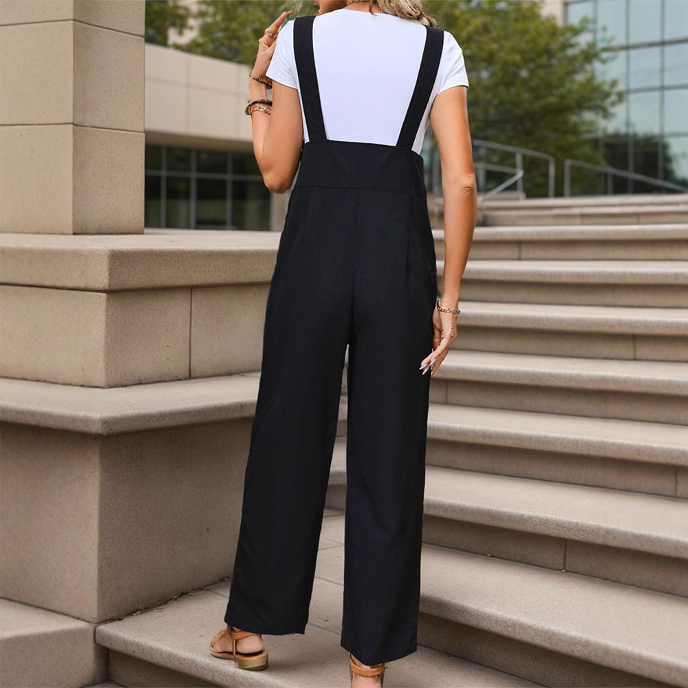 Damen Weichfallender Latz-Jumpsuit mit weitem Bein und Holzknopf‑Verschluss Nord Taschen