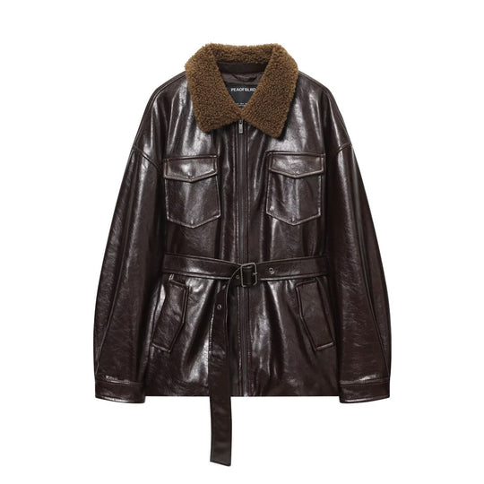 Damen Oversized Lederimitat-Jacke mit Teddykragen und Taillengürtel Nord Taschen