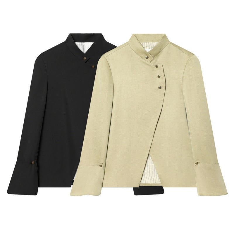 Damen Asymmetrische Blusenjacke mit Stehkragen und ausgestellten Manschetten Nord Taschen