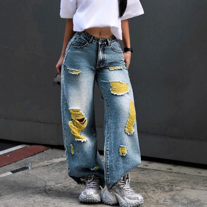 Damen weite High-Waist Jeanshose mit Destroyed-Details und kontrastierendem Unterfutter Nord Taschen