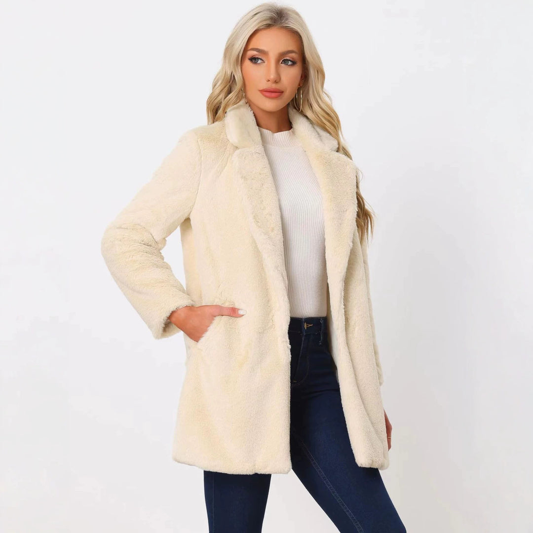 Damen Midilanger Kunstpelz‑Mantel mit softem Schalkragen und Eingrifftaschen Nord Taschen