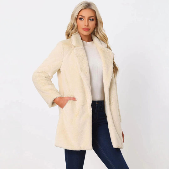 Damen Midilanger Kunstpelz‑Mantel mit softem Schalkragen und Eingrifftaschen Nord Taschen