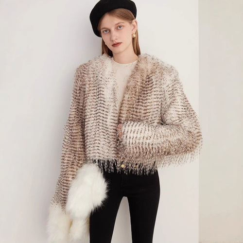 Damen Kurzer Plüsch‑Bolero mit gestreifter Federnoptik und kastiger Silhouette Nord Taschen