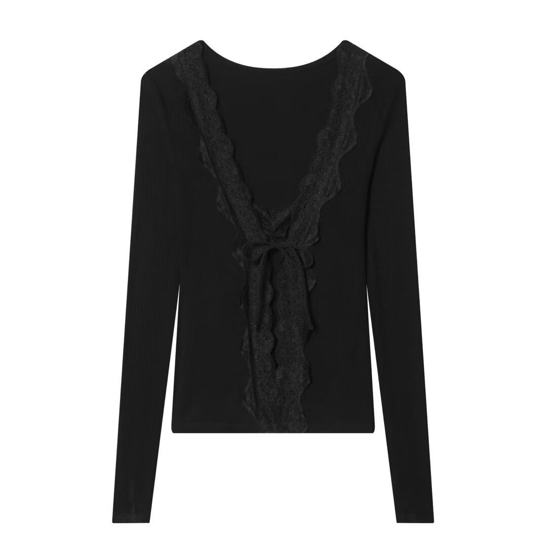 Damen Feines Rippstruktur-Longsleeve mit tiefem V‑Ausschnitt, breiter Spitzenblende und Zierband Nord Taschen
