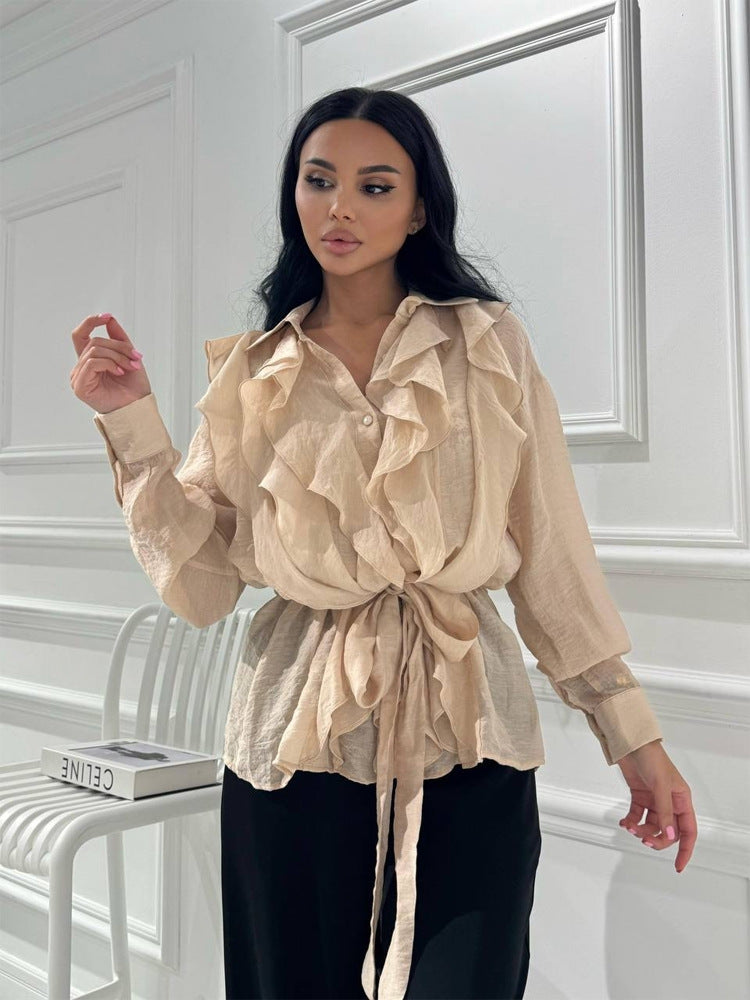 Damen Rüschige Chiffon‑Bluse mit Bindegürtel und Volants Nord Taschen